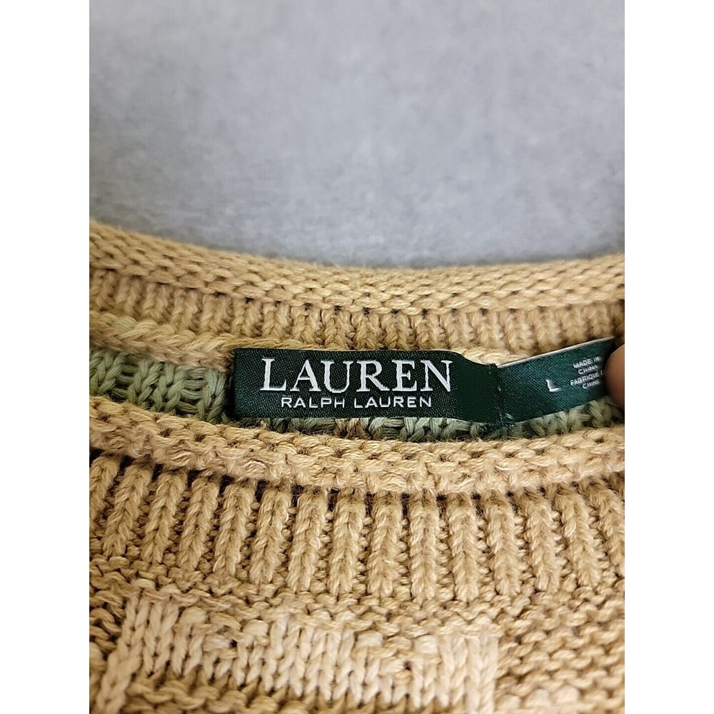 LRL Sweater Womens L Brown Green Pullover Cotton Linen Knit Aztec Preppy Cottage - Picture 3 of 15